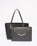 Black Smooth Angelina Tote Bag With Gold Hardware