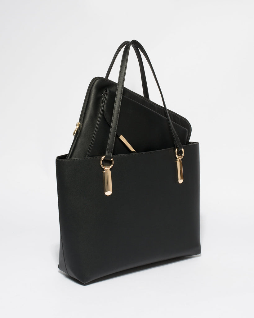Black Smooth Angelina Tote Bag With Gold Hardware