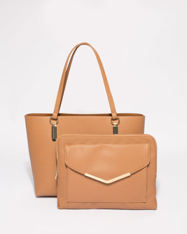 Caramel Saffiano Angelina Tote Bag With Gold Hardware