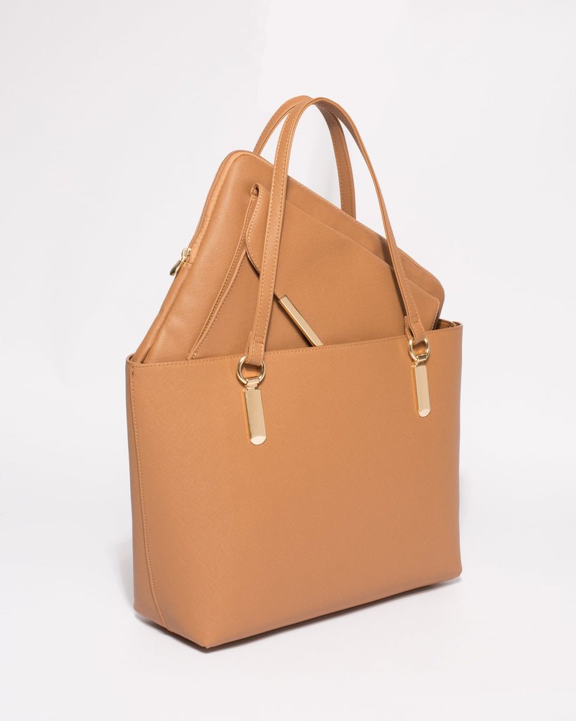 Caramel Saffiano Angelina Tote Bag With Gold Hardware
