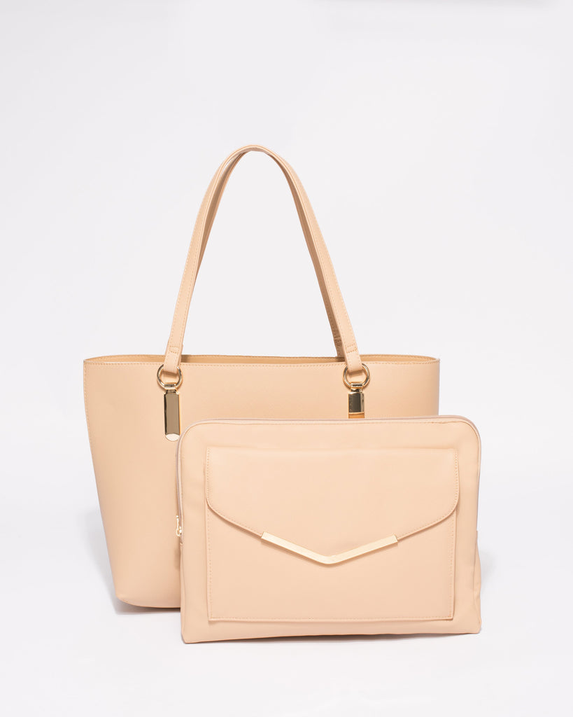Beige Saffiano Angelina Tote Bag With Gold Hardware
