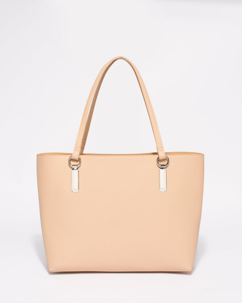 Beige Saffiano Angelina Tote Bag With Silver Hardware