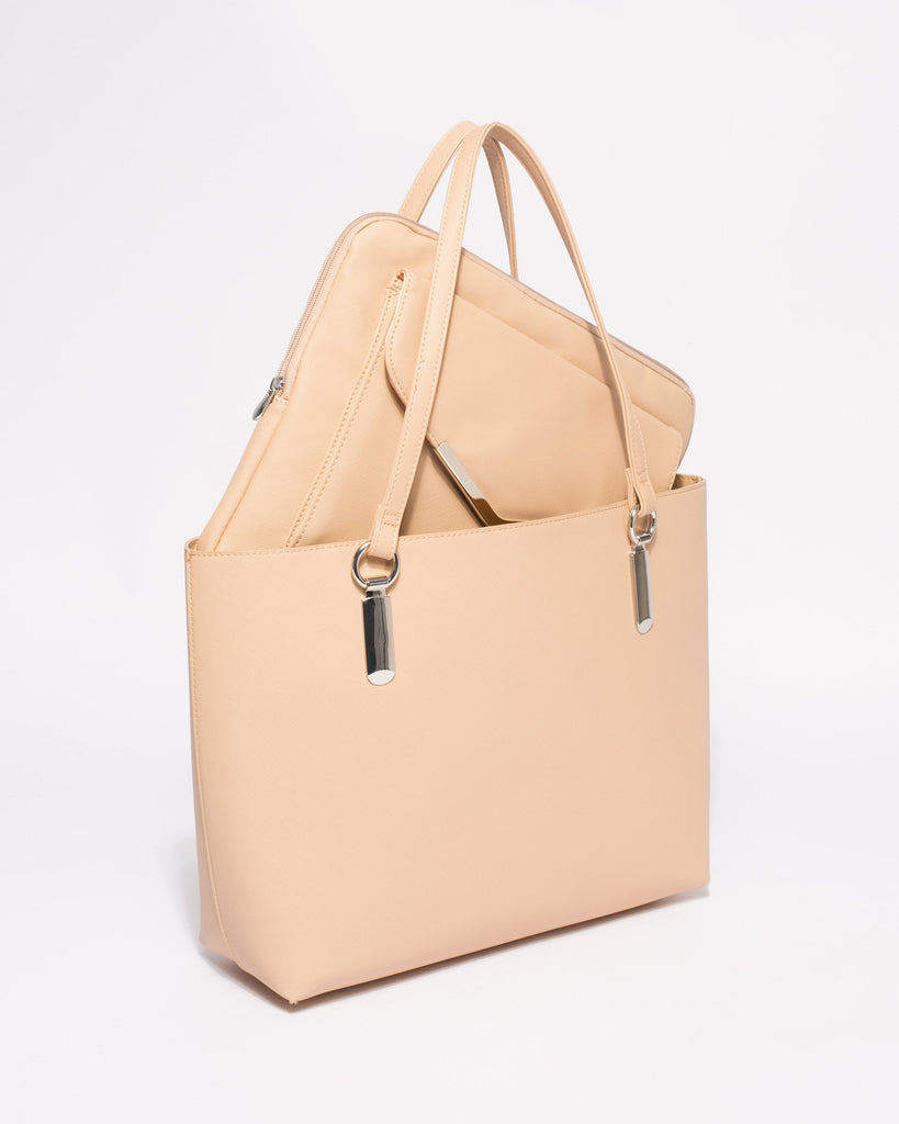 Beige Saffiano Angelina Tote Bag With Silver Hardware