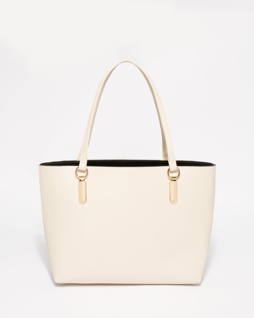 Ivory Saffiano Angelina Tote Bag With Gold Hardware