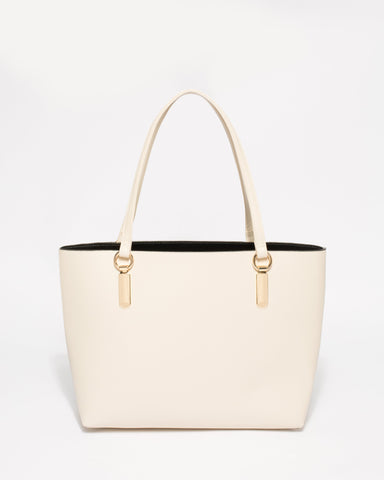 Ivory Saffiano Angelina Tote Bag With Gold Hardware
