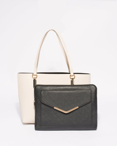 Ivory Saffiano Angelina Tote Bag With Gold Hardware