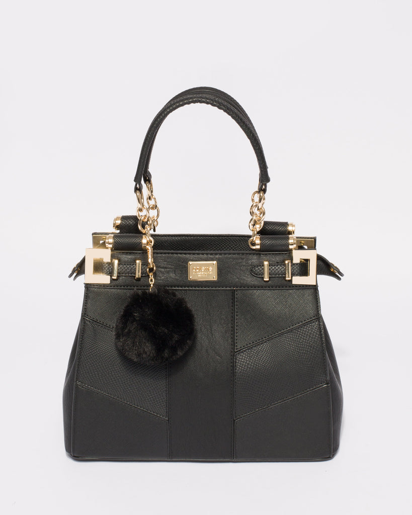 Black Textured Nadine Pom Pom Tote Bag With Gold Hardware