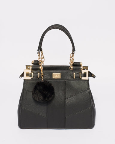 Black Textured Nadine Pom Pom Tote Bag With Gold Hardware