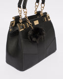 Black Textured Nadine Pom Pom Tote Bag With Gold Hardware