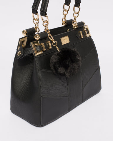 Black Textured Nadine Pom Pom Tote Bag With Gold Hardware
