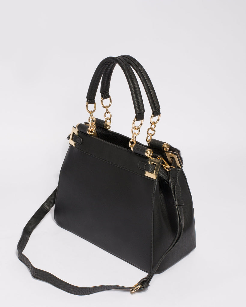 Black Textured Nadine Pom Pom Tote Bag With Gold Hardware