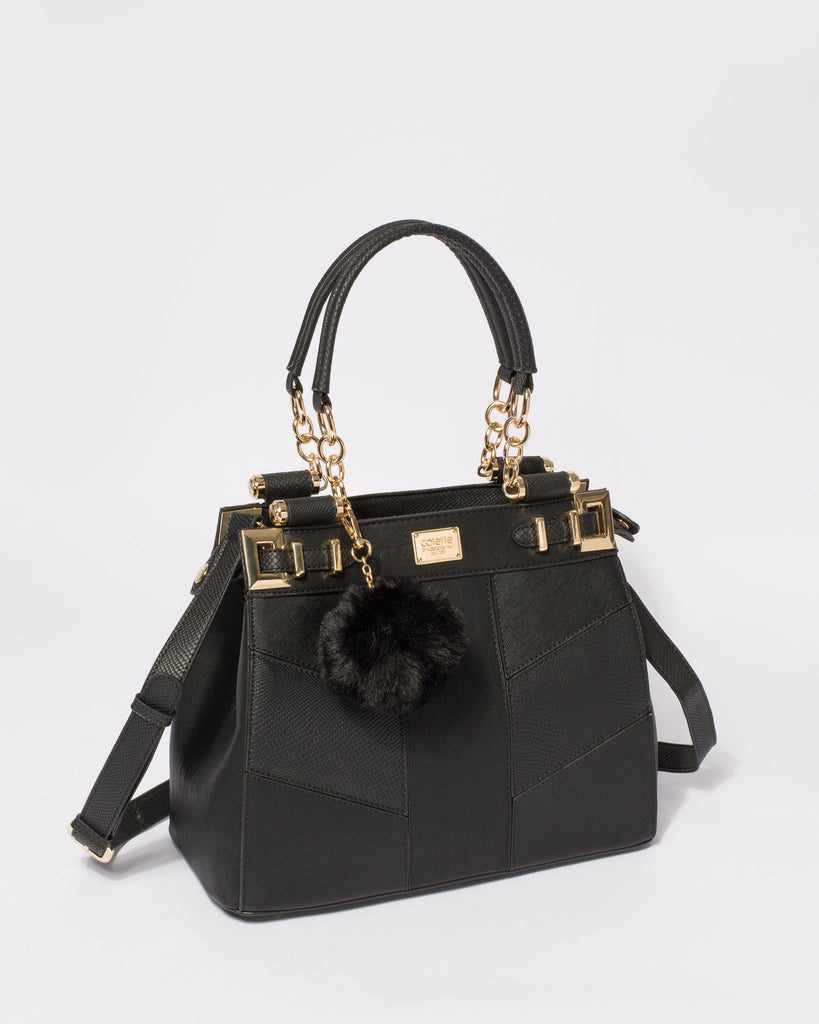 Black Textured Nadine Pom Pom Tote Bag With Gold Hardware
