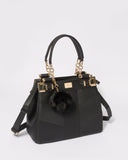 Black Textured Nadine Pom Pom Tote Bag With Gold Hardware