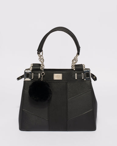 Black Textured Nadine Pom Pom Tote Bag With Silver Hardware