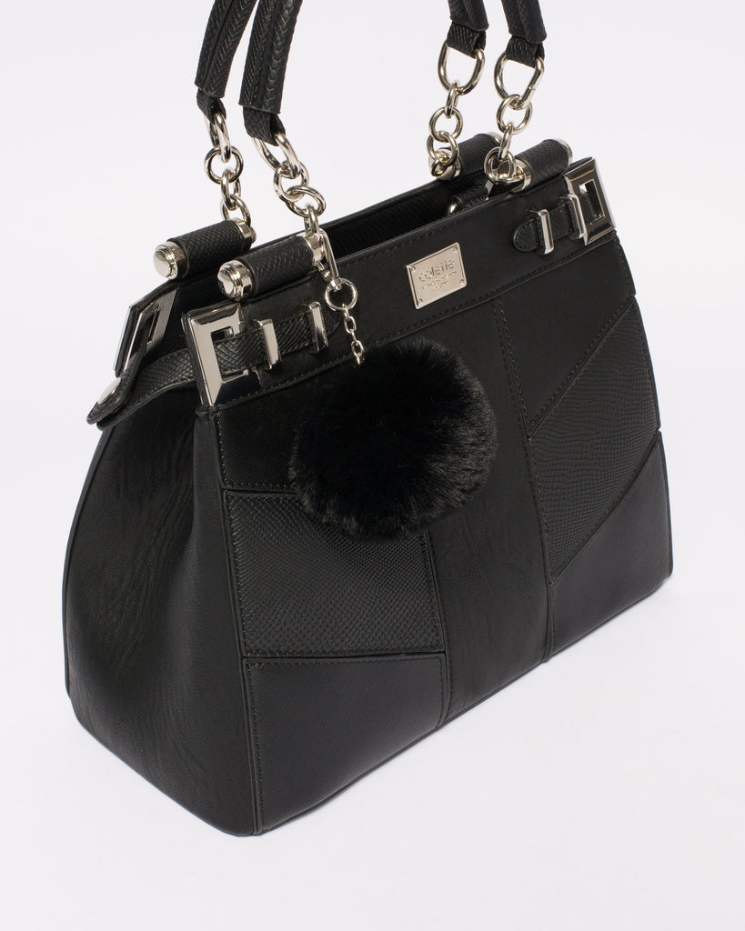 Black Textured Nadine Pom Pom Tote Bag With Silver Hardware