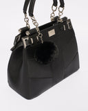 Black Textured Nadine Pom Pom Tote Bag With Silver Hardware