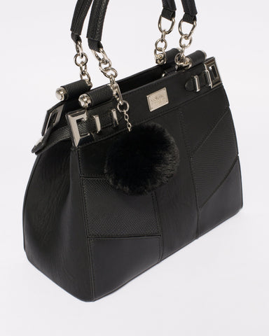 Black Textured Nadine Pom Pom Tote Bag With Silver Hardware