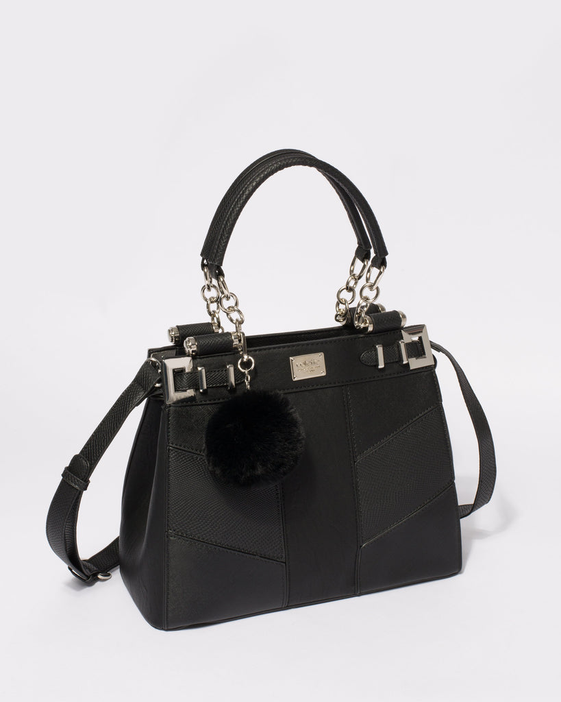 Black Textured Nadine Pom Pom Tote Bag With Silver Hardware