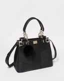Black Textured Nadine Pom Pom Tote Bag With Silver Hardware