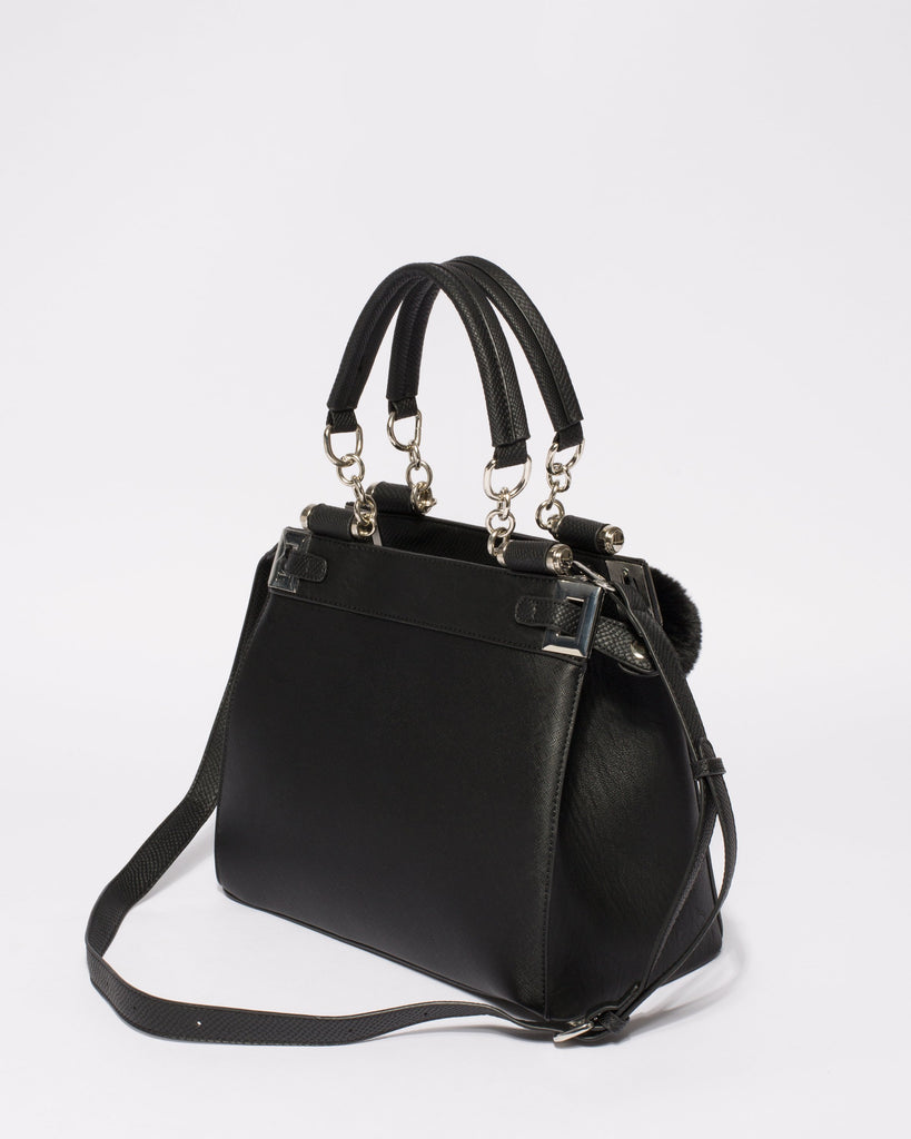 Black Textured Nadine Pom Pom Tote Bag With Silver Hardware