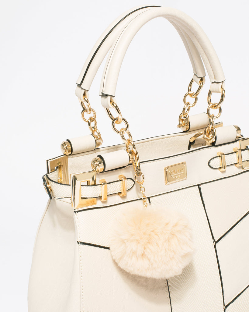 Ivory Saffiano Nadine Pom Pom Tote Bag