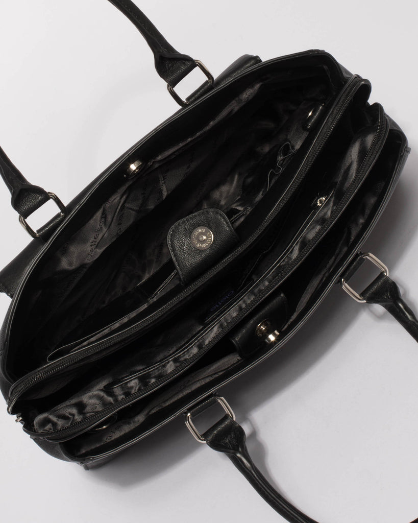 Black Smooth Taylor Tech Tote With Silver Hardware