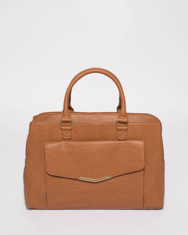 Tan Smooth Taylor Tech Tote Bag With Gold Hardware