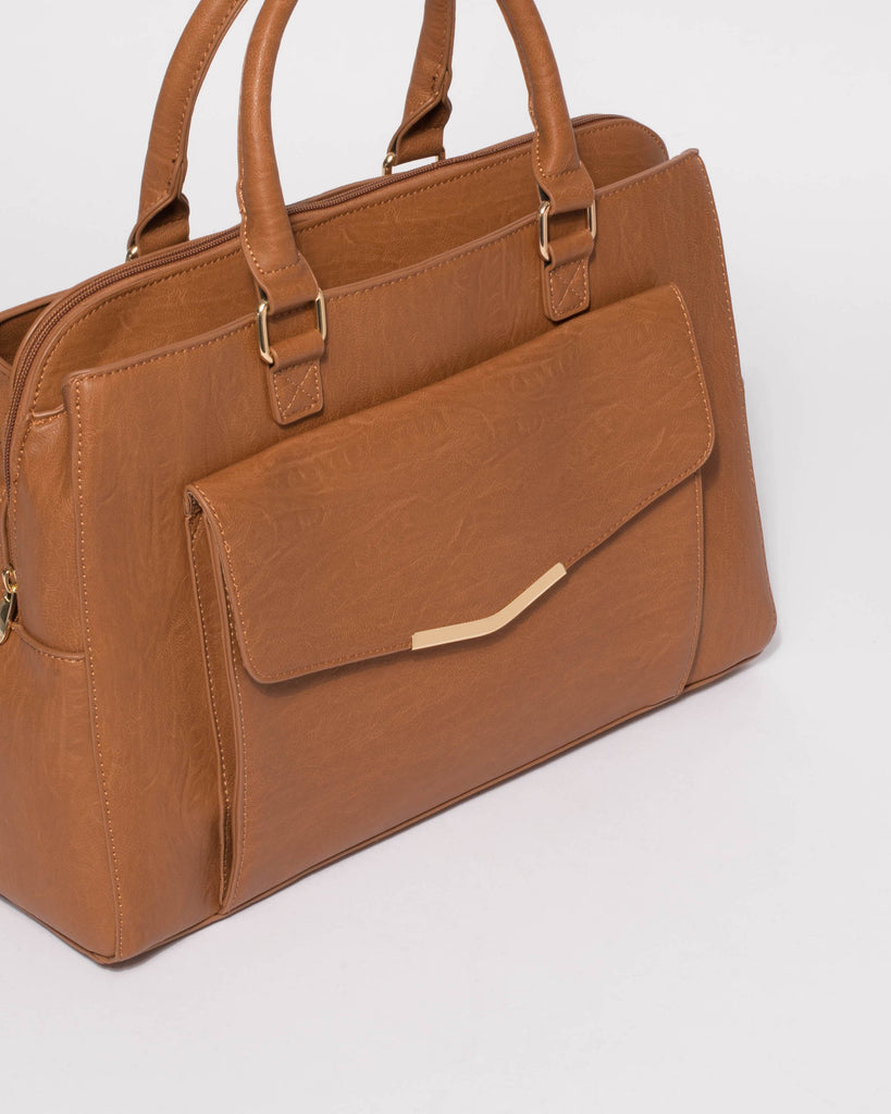 Tan Smooth Taylor Tech Tote Bag With Gold Hardware