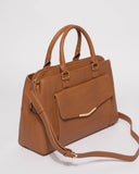 Tan Smooth Taylor Tech Tote Bag With Gold Hardware