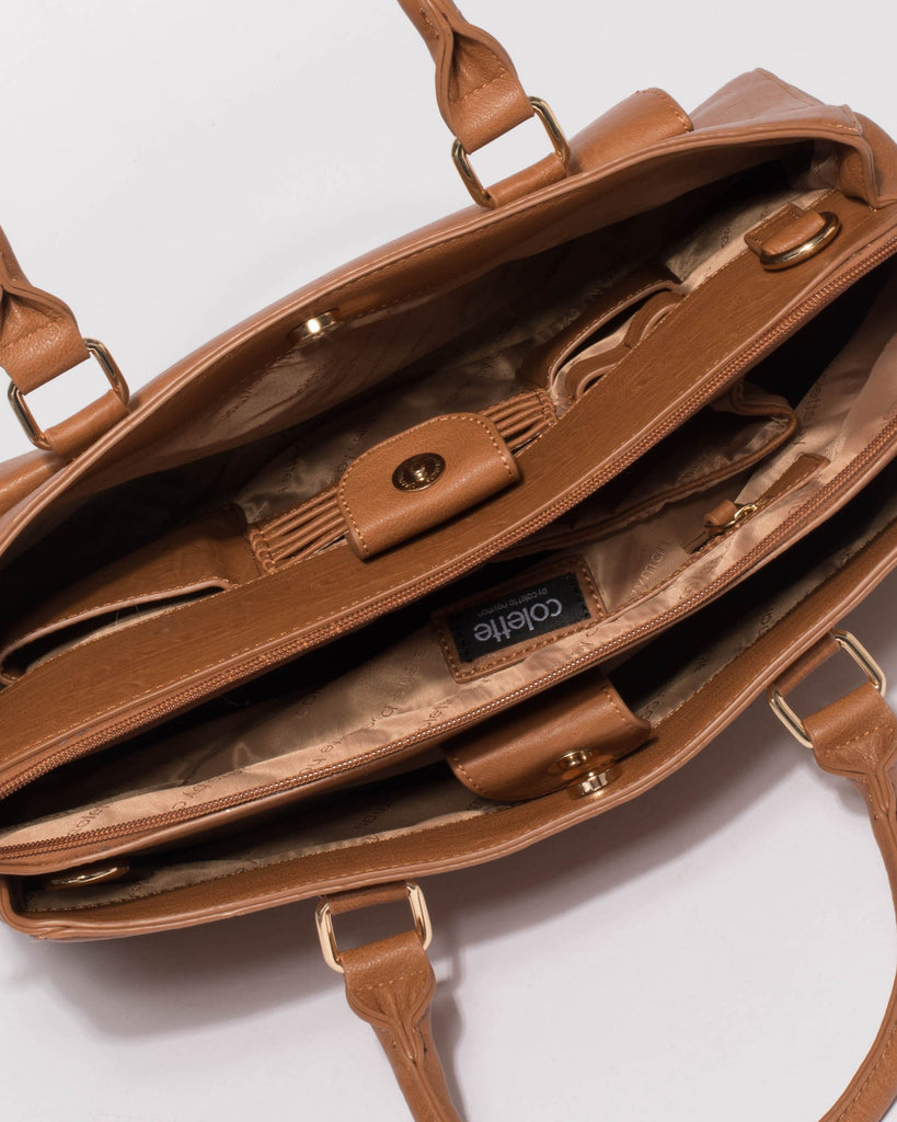 Tan Smooth Taylor Tech Tote Bag With Gold Hardware