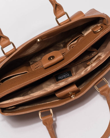 Tan Smooth Taylor Tech Tote Bag With Gold Hardware