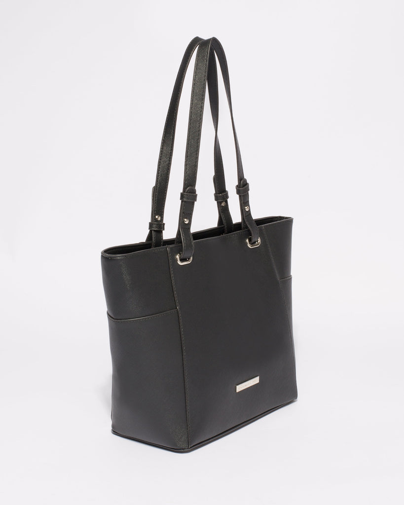Black Saffiano Carissa Tote Bag With Silver Hardware
