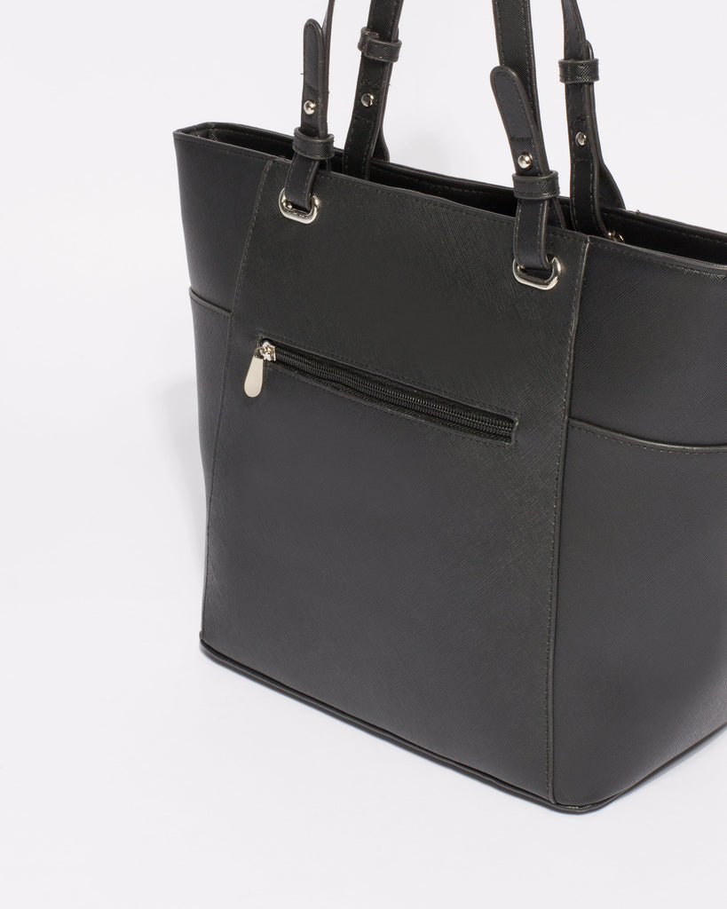 Black Saffiano Carissa Tote Bag With Silver Hardware
