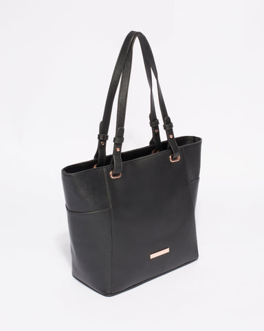 Black Saffiano Carissa Tote Bag with Rose Gold Hardware