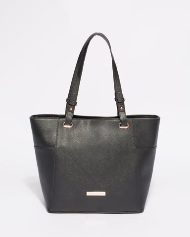 Black Saffiano Carissa Tote Bag with Rose Gold Hardware