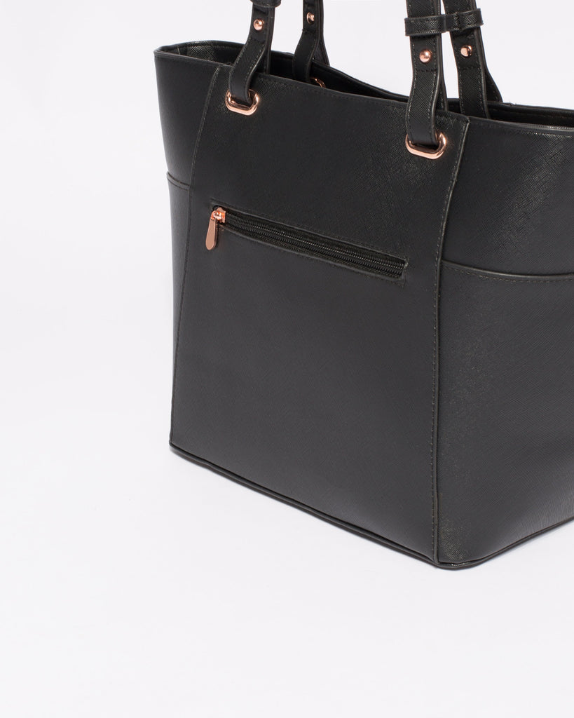 Black Saffiano Carissa Tote Bag with Rose Gold Hardware