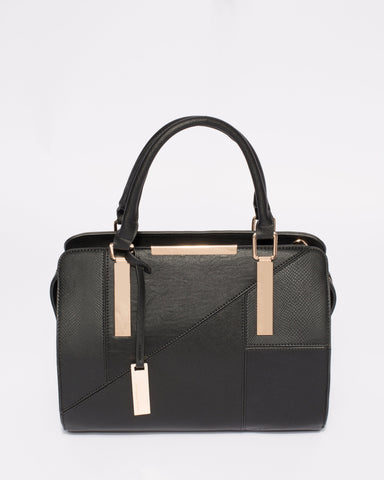 Black Textured Kimberly Panel Tote Bag With Gold Hardware