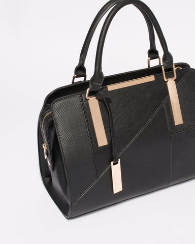 Black Textured Kimberly Panel Tote Bag With Gold Hardware