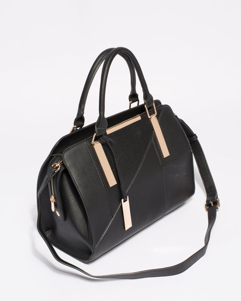 Black Textured Kimberly Panel Tote Bag With Gold Hardware