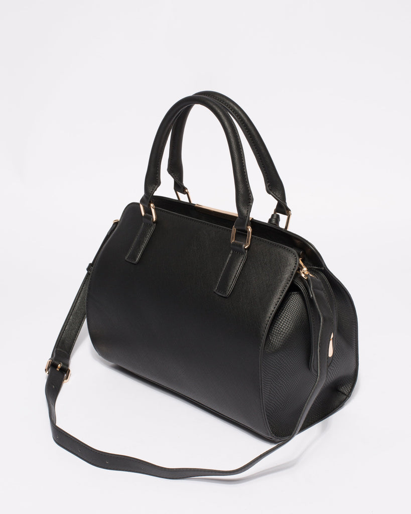 Black Textured Kimberly Panel Tote Bag With Gold Hardware
