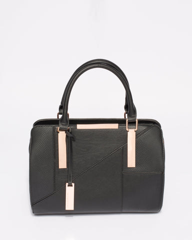 Black Textured Kimberly Panel Tote Bag With Rose Gold Hardware