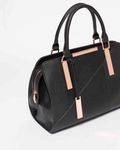Black Textured Kimberly Panel Tote Bag With Rose Gold Hardware