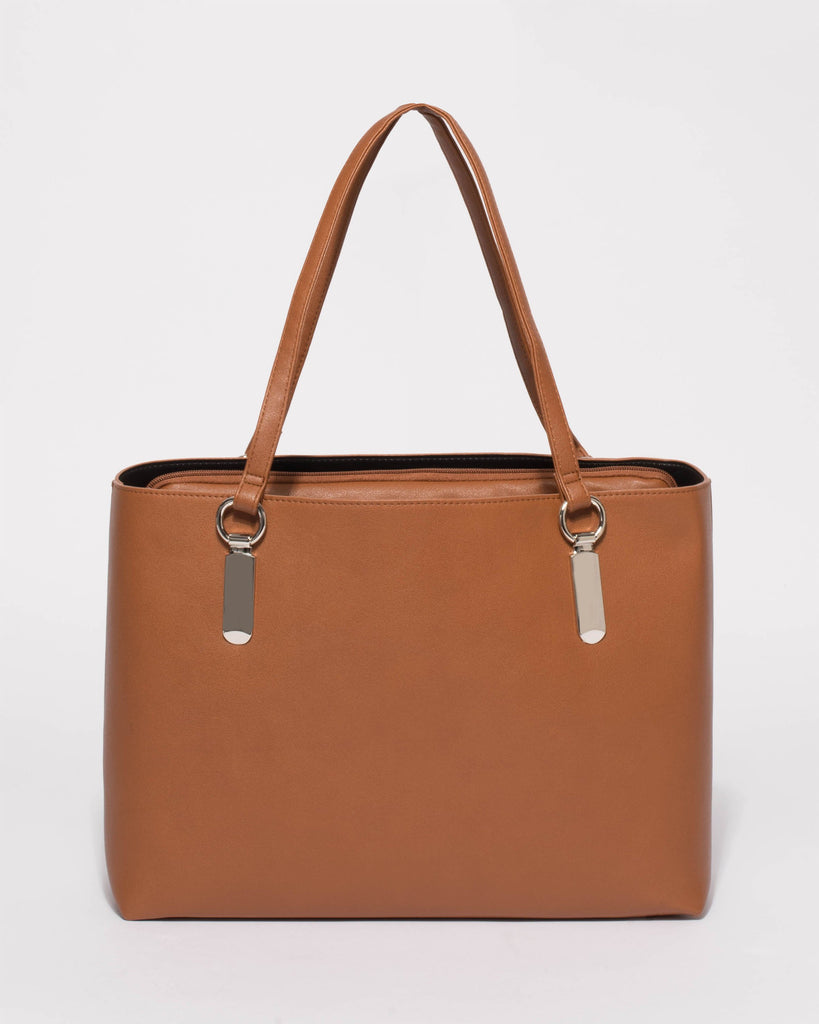 Tan Angelina Tote Bag With Silver Hardware