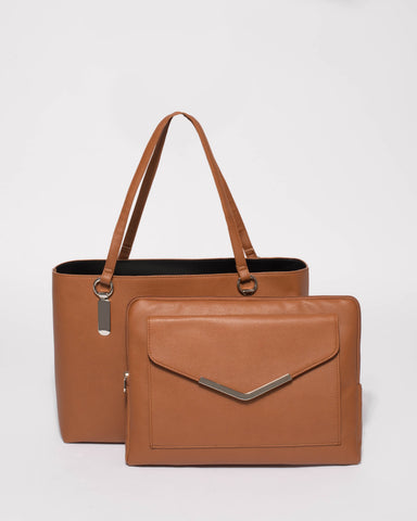 Tan Angelina Tote Bag With Silver Hardware
