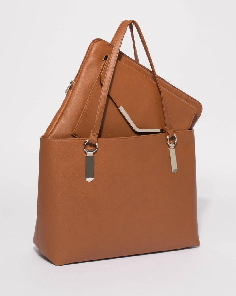 Tan Angelina Tote Bag With Silver Hardware