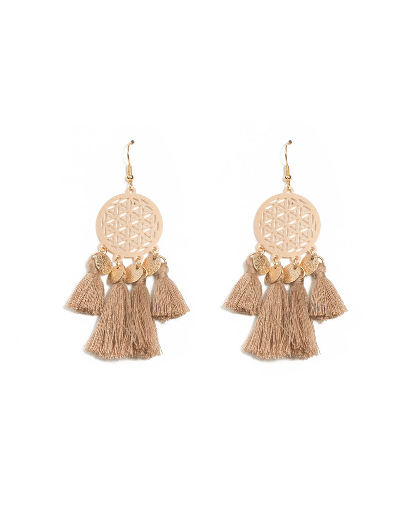 Taupe Gold Tone Filigree Tassel Earrings