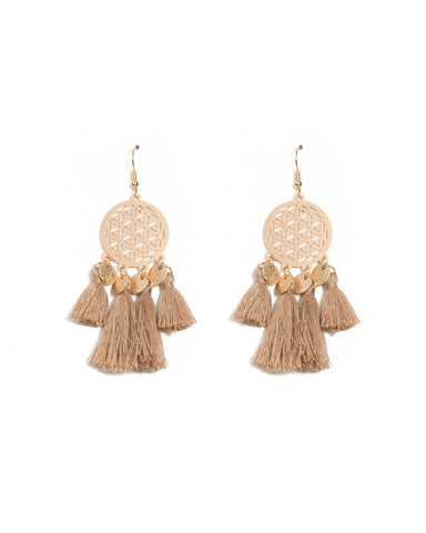Taupe Gold Tone Filigree Tassel Earrings