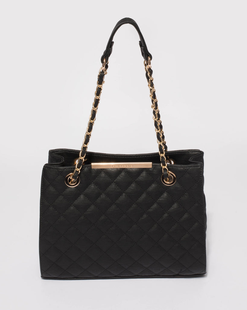 Black Megan Quilted Tote Bag With Gold Hardware