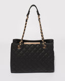 Black Megan Quilted Tote Bag With Gold Hardware