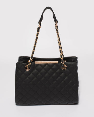 Black Megan Quilted Tote Bag With Gold Hardware